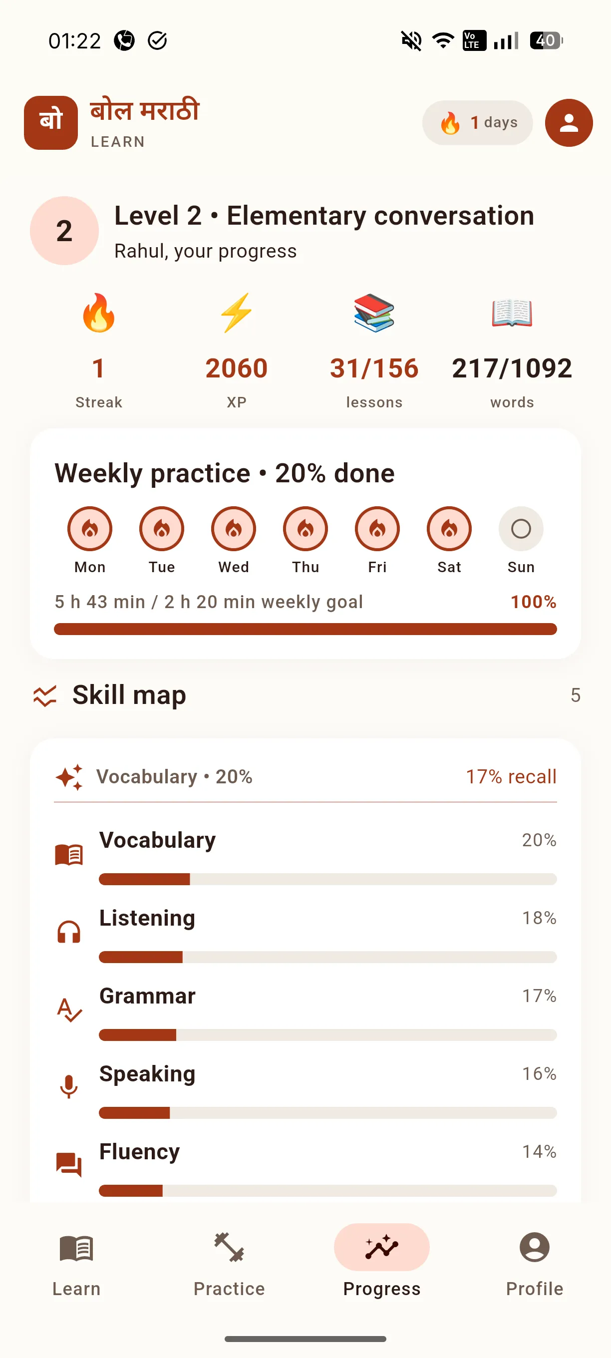 Progress — streak, XP, weekly practice and skill map